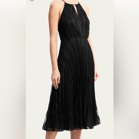 Theory Pleated A-line Midi Dress Black Mesh Lace w Skinny Straps & Front Keyhole - Picture 5 of 14